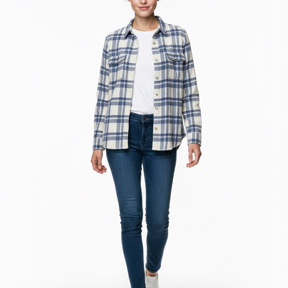 Madewell Classic Flannel Button Down Blue and White Plaid Women's L Casual Shirt